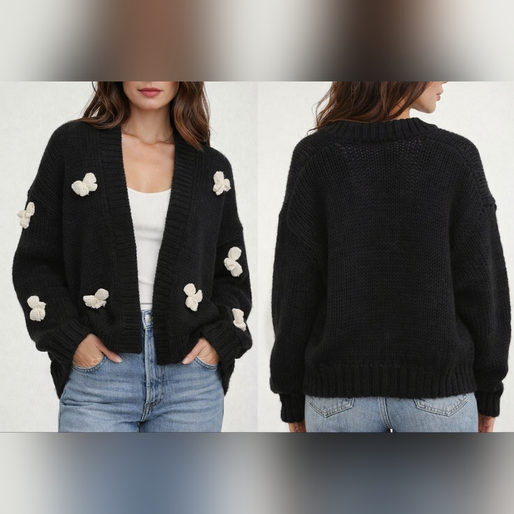 Black Bow Appliqué Knit Cardigan | One Size Cozy Chunky Sweater